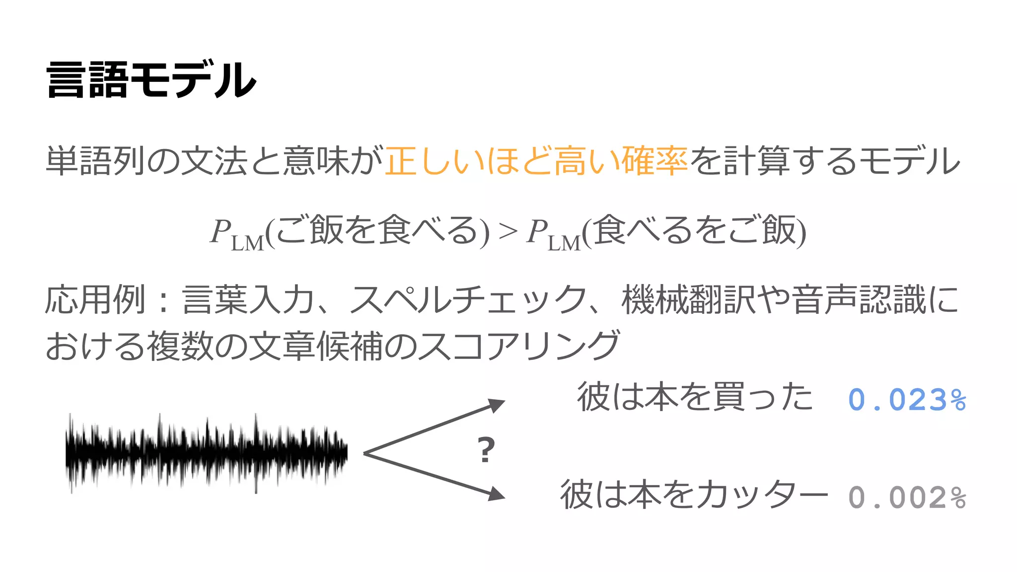 言語モデル
単語列の文法と意味が正しいほど高い確率を計算するモデル
PLM(ご飯を食べる) > PLM(食べるをご飯)
応用例：言葉入力や、スペルチェック、機械翻訳や音声認識
における複数の文章候補のスコアリング
彼は本を買った
彼は本をカッター
?
0.023%
0.002%
 