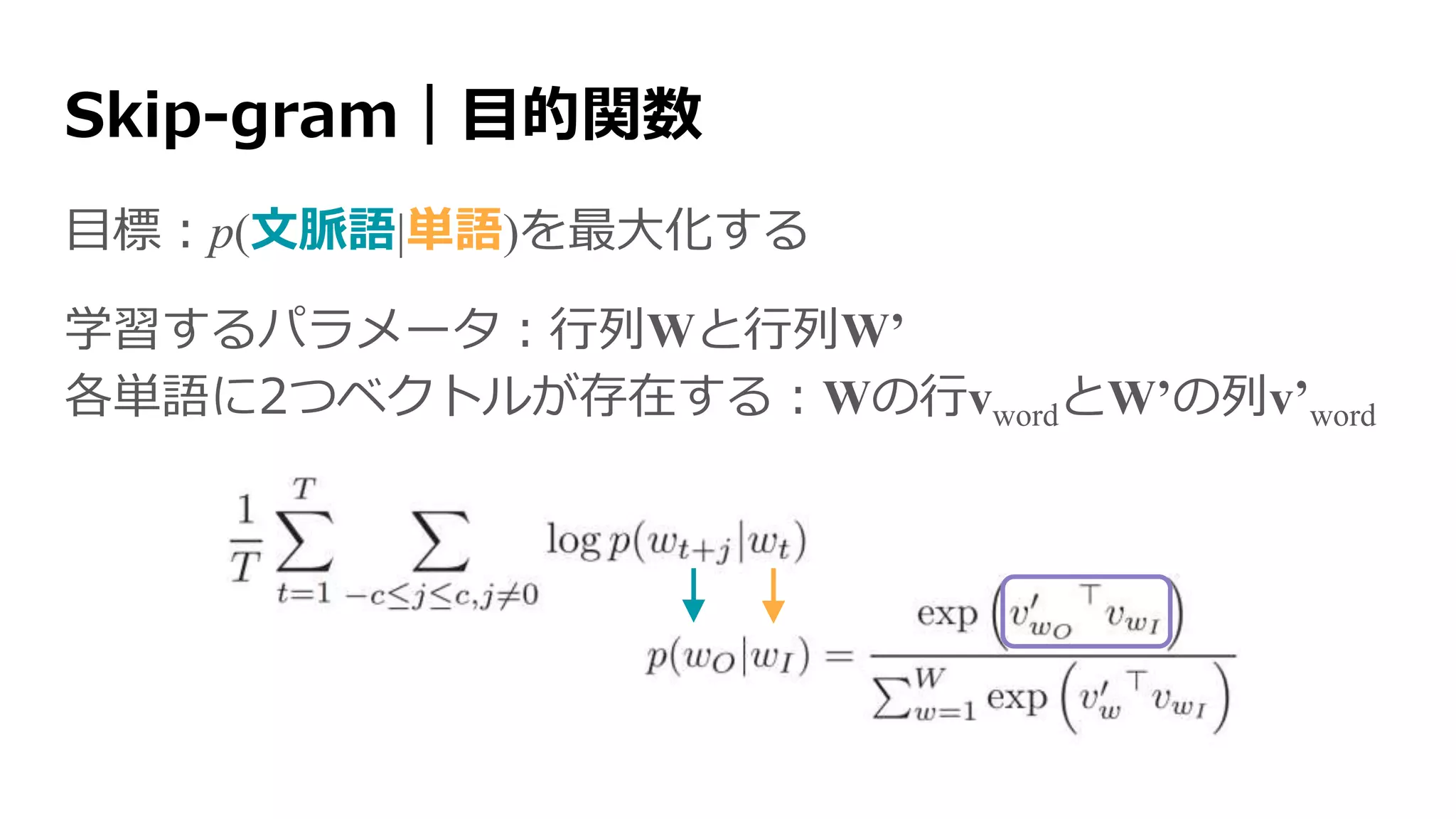目標：p(文脈語|単語)を最大化する
学習するパラメータ：行列Wと行列W’
各単語に2つベクトルが存在する：Wの行vwordとW’の列v’word
Skip-gram｜目的関数
 