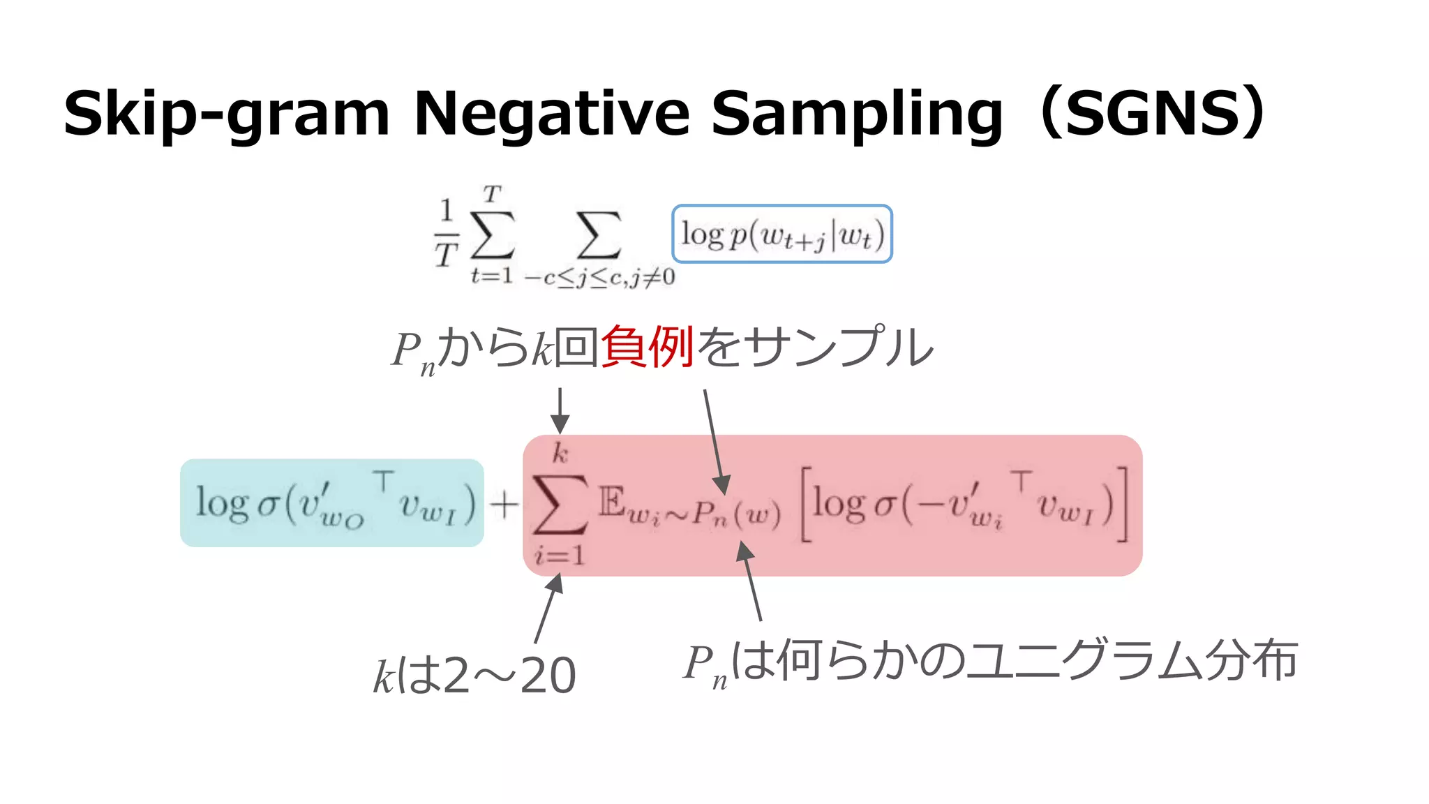 Skip-gram Negative Sampling（SGNS）
Pnからk回負例をサンプル
Pnは何らかのユニグラム分布kは2〜20
 