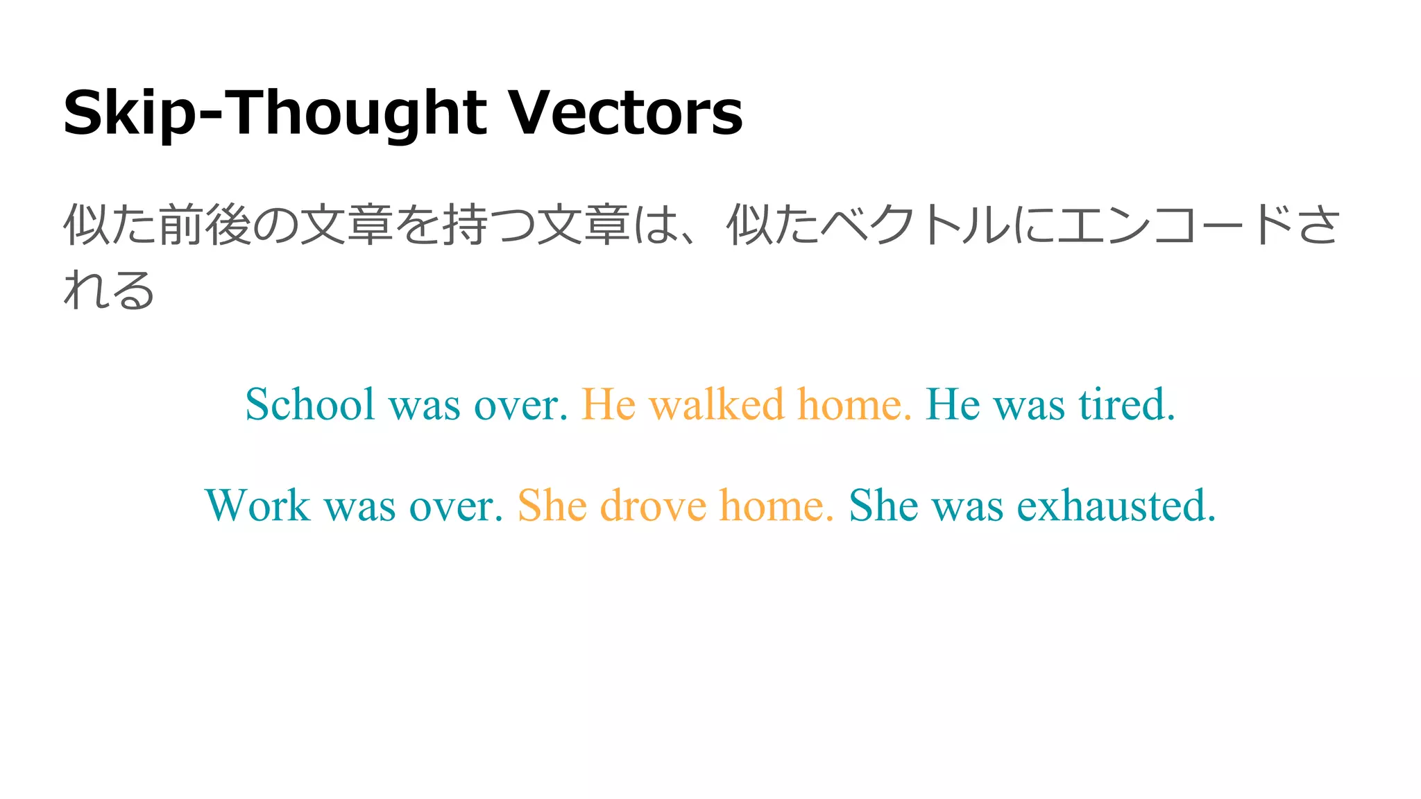 Skip-Thought Vectors
似た前後の文章を持つ文章は、似たベクトルにエンコードさ
れる
School was over. He walked home. He was tired.
Work was over. She drove home. She was exhausted.
 