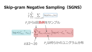 Skip-gram Negative Sampling（SGNS）
Pnからk回負例をサンプル
Pnは何らかのユニグラム分布kは2〜20
 