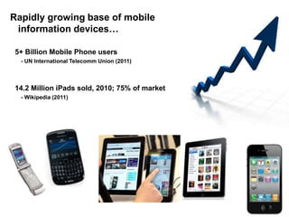 Rapidly growing base of mobile
 information devices…

5+ Billion Mobile Phone users
  - UN International Telecomm Union (2011)



14.2 Million iPads sold, 2010; 75% of market
  - Wikipedia (2011)




                                               9
 