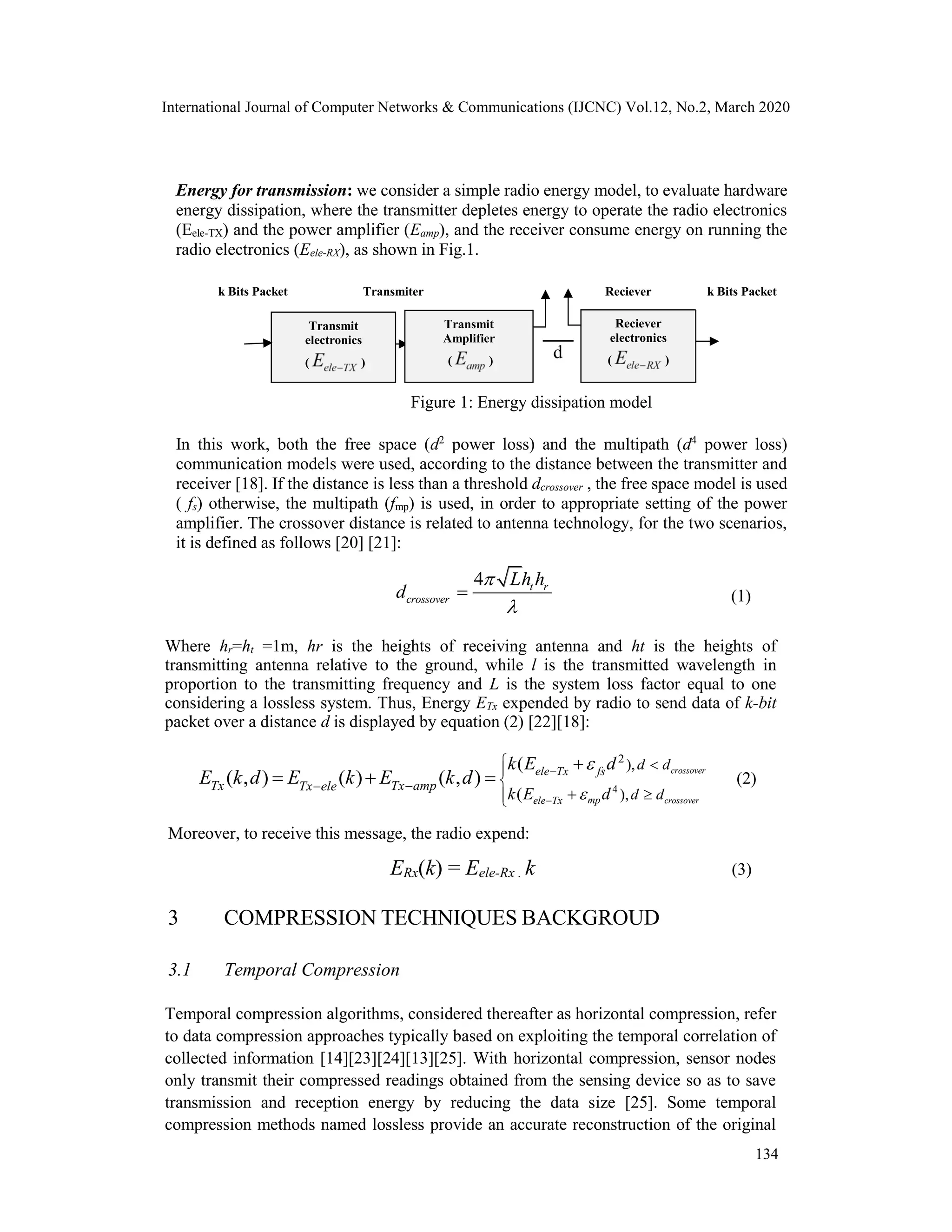 International Journal of Computer Networks & Communications (IJCNC) Vol.12, No.2, March 2020
Figure 1: Energy dissipation model
Energy for transmission: we consider a simple radio energy model, to evaluate hardware
energy dissipation, where the transmitter depletes energy to operate the radio electronics
(Eele-TX) and the power amplifier (Eamp), and the receiver consume energy on running the
radio electronics (Eele-RX), as shown in Fig.1.
In this work, both the free space (d2
power loss) and the multipath (d4
power loss)
communication models were used, according to the distance between the transmitter and
receiver [18]. If the distance is less than a threshold dcrossover , the free space model is used
( fs) otherwise, the multipath (fmp) is used, in order to appropriate setting of the power
amplifier. The crossover distance is related to antenna technology, for the two scenarios,
it is defined as follows [20] [21]:
4 t r
crossover
Lh h
d


 (1)
Where hr=ht =1m, hr is the heights of receiving antenna and ht is the heights of
transmitting antenna relative to the ground, while l is the transmitted wavelength in
proportion to the transmitting frequency and L is the system loss factor equal to one
considering a lossless system. Thus, Energy ETx expended by radio to send data of k-bit
packet over a distance d is displayed by equation (2) [22][18]:
4
2
),
),(
(
( , ) ( ) ( , )
crossover
crossovermpele Tx
ele Tx fs
Tx Tx ampTx ele
d d
d dk E d
k E d
E k d E k E k d





 

 

   (2)
Moreover, to receive this message, the radio expend:
ERx(k) = Eele-Rx . k (3)
3 COMPRESSION TECHNIQUES BACKGROUD
3.1 Temporal Compression
Temporal compression algorithms, considered thereafter as horizontal compression, refer
to data compression approaches typically based on exploiting the temporal correlation of
collected information [14][23][24][13][25]. With horizontal compression, sensor nodes
only transmit their compressed readings obtained from the sensing device so as to save
transmission and reception energy by reducing the data size [25]. Some temporal
compression methods named lossless provide an accurate reconstruction of the original
d
Reciever
Transmit
electronics
( )
Transmit
Amplifier
( )
Reciever
electronics
( )
k Bits Packet k Bits PacketTransmiter
134
 