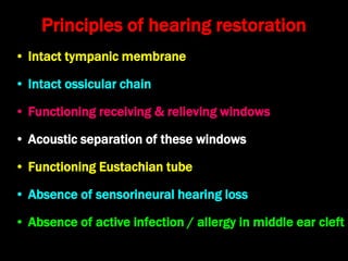 Principles of hearing restoration
• Intact tympanic membrane
• Intact ossicular chain
• Functioning receiving & relieving windows
• Acoustic separation of these windows
• Functioning Eustachian tube
• Absence of sensorineural hearing loss
• Absence of active infection / allergy in middle ear cleft
 