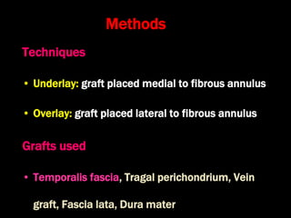 Methods
Techniques
• Underlay: graft placed medial to fibrous annulus
• Overlay: graft placed lateral to fibrous annulus
Grafts used
• Temporalis fascia, Tragal perichondrium, Vein
graft, Fascia lata, Dura mater
 