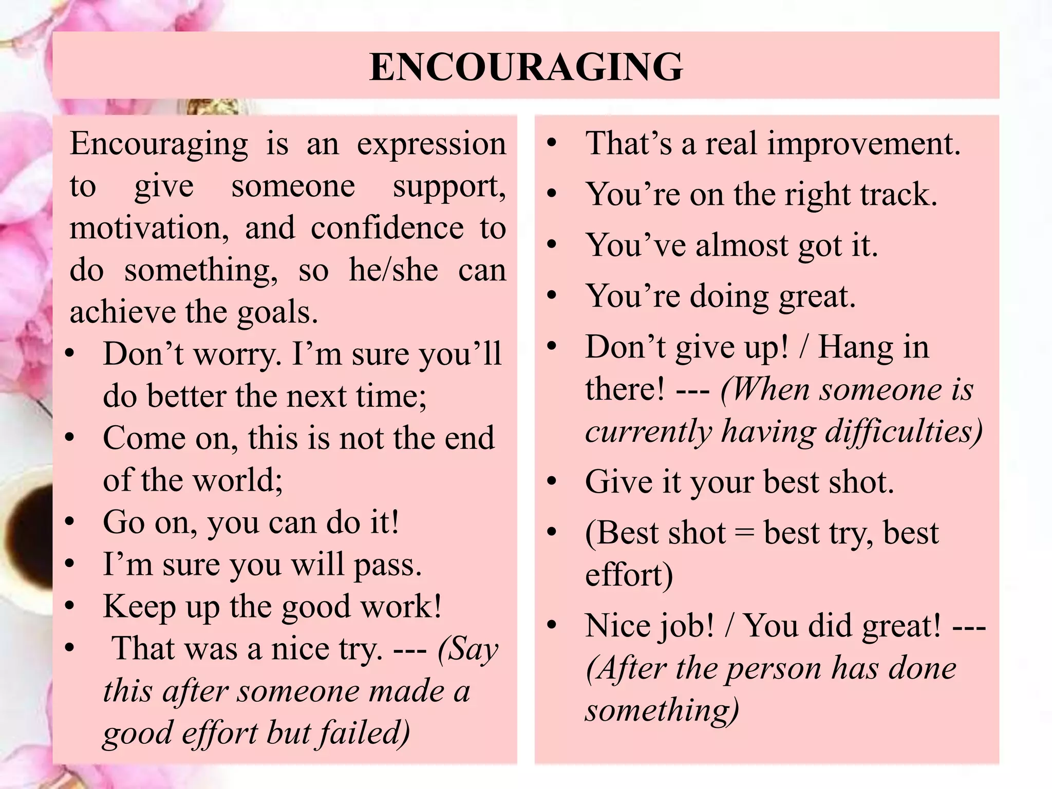 ENCOURAGING
Encouraging is an expression
to give someone support,
motivation, and confidence to
do something, so he/she can
achieve the goals.
• Don’t worry. I’m sure you’ll
do better the next time;
• Come on, this is not the end
of the world;
• Go on, you can do it!
• I’m sure you will pass.
• Keep up the good work!
• That was a nice try. --- (Say
this after someone made a
good effort but failed)
• That’s a real improvement.
• You’re on the right track.
• You’ve almost got it.
• You’re doing great.
• Don’t give up! / Hang in
there! --- (When someone is
currently having difficulties)
• Give it your best shot.
• (Best shot = best try, best
effort)
• Nice job! / You did great! ---
(After the person has done
something)