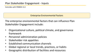 Enterprise Environmental Factors
The enterprise environmental factors that can influence Plan
Stakeholder Engagement include:
• Organizational culture, political climate, and governance
framework
• Personnel administration policies
• Stakeholder risk appetites
• Established communication channels
• Global regional or local trends, practices, or habits
• Geographic distribution of facilities and resources
Plan Stakeholder Engagement - Inputs
Coincides with PMBOK 13.2
 