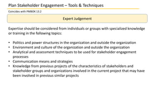 Plan Stakeholder Engagement – Tools & Techniques
Coincides with PMBOK 13.2
Expert Judgement
Expertise should be considered from individuals or groups with specialized knowledge
or training in the following topics:
• Politics and power structures in the organization and outside the organization
• Environment and culture of the organization and outside the organization
• Analytical and assessment techniques to be used for stakeholder engagement
processes
• Communication means and strategies
• Knowledge from previous projects of the characteristics of stakeholders and
stakeholder groups and organizations involved in the current project that may have
been involved in previous similar projects
 