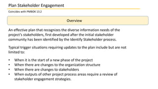 Plan Stakeholder Engagement
Coincides with PMBOK 13.2
Overview
An effective plan that recognizes the diverse information needs of the
project’s stakeholders, first developed after the initial stakeholder
community has been identified by the Identify Stakeholder process.
Typical trigger situations requiring updates to the plan include but are not
limited to:
• When it is the start of a new phase of the project
• When there are changes to the organization structure
• When there are changes to stakeholders
• When outputs of other project process areas require a review of
stakeholder engagement strategies.
 