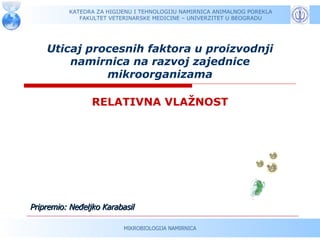 KATEDRA ZA HIGIJENU I TEHNOLOGIJU NAMIRNICA ANIMALNOG POREKLA
             FAKULTET VETERINARSKE MEDICINE – UNIVERZITET U BEOGRADU




    Uticaj procesnih faktora u proizvodnji
        namirnica na razvoj zajednice
              mikroorganizama

                 RELATIVNA VLAŽNOST




Pripremio: Neđeljko Karabasil

                          MIKROBIOLOGIJA NAMIRNICA
 