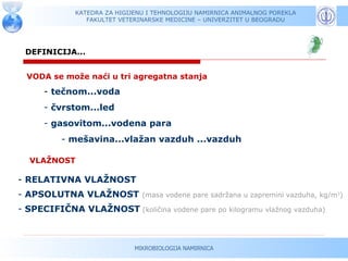 KATEDRA ZA HIGIJENU I TEHNOLOGIJU NAMIRNICA ANIMALNOG POREKLA
                FAKULTET VETERINARSKE MEDICINE – UNIVERZITET U BEOGRADU




 DEFINICIJA...


  VODA se može naći u tri agregatna stanja
      - tečnom...voda
      - čvrstom...led
      - gasovitom...vodena para
          - mešavina...vlažan vazduh ...vazduh

  VLAŽNOST

- RELATIVNA VLAŽNOST
- APSOLUTNA VLAŽNOST           (masa vodene pare sadržana u zapremini vazduha, kg/m3)

- SPECIFIČNA VLAŽNOST (količina vodene pare po kilogramu vlažnog vazduha)



                             MIKROBIOLOGIJA NAMIRNICA
 