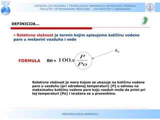 KATEDRA ZA HIGIJENU I TEHNOLOGIJU NAMIRNICA ANIMALNOG POREKLA
             FAKULTET VETERINARSKE MEDICINE – UNIVERZITET U BEOGRADU




DEFINICIJA...


• Relativna vlažnost je termin kojim opisujemo količinu vodene
pare u mešavini vazduha i vode


                                                          aw
                            P
   FORMULA       RH = 100 x
                            Po


         Relativna vlažnost je mera kojom se ukazuje na količinu vodene
         pare u vazduhu (pri određenoj temperaturi) [P] u odnosu na
         maksimalnu količinu vodene pare koju vazduh može da primi pri
         toj temperaturi [Po] i izražava se u procentima.




                          MIKROBIOLOGIJA NAMIRNICA
 