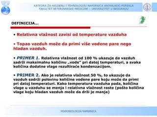 KATEDRA ZA HIGIJENU I TEHNOLOGIJU NAMIRNICA ANIMALNOG POREKLA
             FAKULTET VETERINARSKE MEDICINE – UNIVERZITET U BEOGRADU




DEFINICIJA...


• Relativna vlažnost zavisi od temperature vazduha

• Topao vazduh može da primi više vodene pare nego
hladan vazduh.

• PRIMER 1. Relativna vlažnost od 100 % ukazuje da vazduh
sadrži maksimalnu količinu „vode” pri datoj temperaturi, a svaka
količina dodatne vlage rezultiraće kondenzacijom.

• PRIMER 2. Ako je relativna vlažnost 50 %, to ukazuje da
vazduh sadrži polovinu količine vodene pare koju može da primi
pri datoj temperaturi. Kako temperatura vazduha pada, količina
vlage u vazduhu se menja i relativna vlažnost raste (pošto količina
vlage koju hladan vazduh može da drži je manja)




                          MIKROBIOLOGIJA NAMIRNICA
 