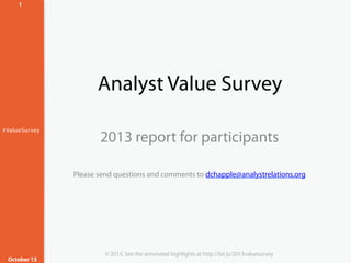 1

Analyst Value Survey
#ValueSurvey

2013 report for participants
Please send questions and comments to dchapple@analystrelations.org

October 13

© 2013. See the annotated highlights at http://bit.ly/2013valuesurvey

 