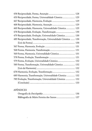 458 Reciprocidade, Forma, Assunção ........................................... 128
459 Reciprocidade, Forma, Universalidade Cósmica ......... . . . . . ...... 129
467 Reciprocidade, Harmonia, Evolução .......................... . .......... 129
468 Reciprocidade, Harmonia, Assunção ..................................... 129
469 Reciprocidade, Harmonia, Universalidade Cósmica .............. 129
478 Reciprocidade, Evolução, Transformação ............................... 130
479 Reciprocidade, Evolução, Universalidade Cósmica ................ 130
489 Reciprocidade, Transformação, Universalidade Cósmica ....... 130
[Leis da Forma] ..................................................................... 130
567 Forma, Harmonia, Evolução ................................................. 131
568 Forma, Harmonia, Transformação ......................................... 131
569 Forma, Harmonia, Universalidade Cósmica .......................... 131
578 Forma, Evolução, Transformação .......................................... 131
579 Forma, Evolução, Universalidade Cósmica ............................ 132
589 Forma, Transformação, Universalidade Cósmica ................... 132
[Leis da Harmonia] ............................................................... 132
678 Harmonia, Evolução, Transformação ..................................... 132
689 Harmonia, Transformação, Universalidade Cósmica ............. 132
789 Evolução, Transformação, Universalidade Cósmica . ....... ....... 132
[Conclusão] ..................................................... . . ... . . . .......... . . . 133
AP:ÊNDICES
Ortografia da Enciclopédia..................................................... 136
Bi�liografia de Mário Ferreira dos Santos .............................. 137
 