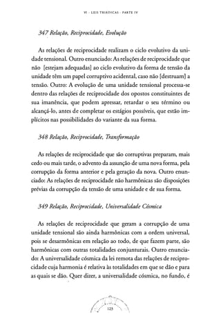 VI - L E I S T R I Á D I C AS · PARTE I V
347 Relação, Reciprocidade, Evolução
As relações de reciprocidade realizam o ciclo evolutivo da uni­
dade tensional. Outro enunciado: As relações de reciprocidade que
não [estejam adequadas] ao ciclo evolutivo da forma de tensão da
unidade têm um papel corruptivo acidental, caso não [destruam] a
tensão. Outro: A evolução de uma unidade tensional processa-se
dentro das relações de reciprocidade dos opostos constituintes de
sua imanência, que podem apressar, retardar o seu término ou
alcançá-lo, antes de completar os estágios possíveis, que estão im­
plícitos nas possibilidades do variante da sua forma.
348 Relação, Reciprocidade, Transformação
As relações de reciprocidade que são corruptivas preparam, mais
cedo ou mais tarde, o advento da assunção de uma nova forma, pela
corrupção da forma anterior e pela geração da nova. Outro enun­
ciado: As relações de reciprocidade não harmônicas são disposições
prévias da corrupção da tensão de uma unidade e de sua forma.
349 Relação, Reciprocidade, Universalidade Cósmica
As relações de reciprocidade que geram a corrupção de uma
unidade tensional são ainda harmônicas com a ordem universal,
pois se desarmônicas em relação ao todo, de que fazem parte, são
harmônicas com outras totalidades conjunturais. Outro enuncia­
do: A universalidade cósmica da lei remota das relações de recipro­
cidade cuja harmonia é relativa às totalidades em que se dão e para
as quais se dão. Quer dizer, a universalidade cósmica, no fundo, é
 