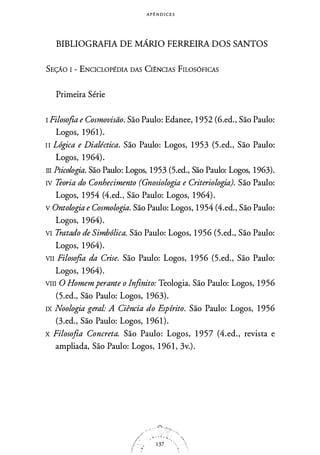 A P � N D I C E S
BIBLIOGRAFIA DE MÁRIO FERREIRA DOS SANTOS
SEÇÃO I - ENCICLOPÉDIA DAS Cre,NcIAs FILosóFicAs
Primeira Série
I Filosofia e Cosmovisão. São Paulo: Edanee, 1 952 (6.ed., São Paulo:
Logos, 1961).
II Lógica e Dialéctica. São Paulo: Logos, 1 953 (5.ed., São Paulo:
Logos, 1 964).
III Psicologia. São Paulo: Logos, 1953 (5.ed., São Paulo: Logos, 1963).
IV Teoria do Conhecimento (Gnosiologia e Criteriologia). São Paulo:
Logos, 1 954 (4.ed., São Paulo: Logos, 1 964).
v Ontologia e Cosmologia. São Paulo: Logos, 1 954 (4.ed., São Paulo:
Logos, 1 964).
VI Tratado de Simbólica. São Paulo: Logos, 1 956 (5.ed., São Paulo:
Logos, 1 964).
VII Filosofia da Crise. São Paulo: Logos, 1 956 (5.ed., São Paulo:
Logos, 1 964).
VIII O Homemperante o Infinito: Teologia. São Paulo: Logos, 1 956
(5.ed., São Paulo: Logos, 1 963).
IX Noologia geral· A Ciência do Espírito. São Paulo: Logos, 1 956
(3.ed., São Paulo: Logos, 1 961).
X Filosofia Concreta. São Paulo: Logos, 1 957 (4.ed., revista e
ampliada, São Paulo: Logos, 1 96 1 , 3v.).
/' ,. . . .. . ..
f -· 1 37
!i , . -4
 