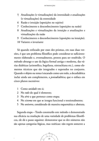 I N T ROD U ÇÃO
5 Atualizações (e virtualizações) da intensidade x atualizações
(e virtualizações) da extensidade
6 Razão x intuição (oposições no sujeito)
7 Conhecimento x desconhecimento (oposições na razão)
8 Atualizações e virtualizações da intuição x atualizações e
virtualizações da razão
9 Conhecimento x desconhecimento (oposições na intuição).
1 O Variante x invariante
Só quando enfocado por esses dez prismas, em suas duas ver­
sões, é que um problema filosófico pode considerar-se suficiente­
mente elaborado e, eventualmente, pronto para ser resolvido. O
método abrange o uso da lógica formal antiga e moderna, das vá­
rias dialéticas (aristotélica, hegeliana, nietzschiana etc.), como ele­
mentos técnicos que são integrados e superados no conjunto.
Quando o objeto ou tema é encarado como um todo, a decadialética
inclui ainda um complemento, a pentadialética, que o enfoca em
cinco planos sucessivos:
1 Como unidade em si;
2 No todo do qual é elemento;
3 Na série a que pertence como etapa;
4 No sistema em que se integra funcional e tensionalmente;
5 No universo, considerado de maneira esquemática e abstrata.
Segunda etapa - Tendo construído este método e demonstrado
sua eficácia na resolução de uma variedade de problemas filosófi­
cos, ele dá o passo seguinte: demonstrar que os dez números não
são apenas categorias lógicas, mas noéticas: não regem somente a
!
 