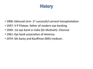 • 1906: Edmund zirm- 1st successful corneal transplantation
• 1937: V P Filatow- father of modern eye banking
• 1949- 1st eye bank in India (Dr. Muthaih)- Chennai
• 1961: Eye bank association of America.
• 1974- Mc karey and Kauffman (MK) medium.
History
 