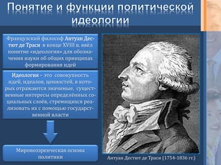 Антуан Дестют де Траси (1754-1836 гг.)
Французский философ Антуан Дес-
тют де Траси в конце XVIII в. ввёл
понятие «идеология» для обозна-
чения науки об общих принципах
формирования идей
Идеология – это совокупность
идей, идеалов, ценностей, в кото-
рых отражаются значимые, сущест-
венные интересы определённых со-
циальных слоёв, стремящихся реа-
лизовать их с помощью государст-
венной власти
Мировоззренческая основа
политики
 