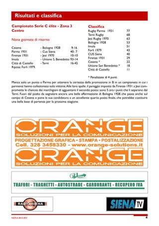 SIENA RUGBY! 4
Risultati e classifica
Campionato Serie C élite - Zona 3
Centro
Nona giornata di ritorno
Cesena - Bologna 1928 9-16
Parma 1931 - Cus Siena 40- 7
Firenze 1931 - Jesi 1970 10-10
Imola - Unione S. Benedetto 93-14
Città di Castello - Terni 16-45
Riposa: Forlì 1979.
Classifica
Rugby Parma 1931 77
Terni Rugby 68
Jesi Rugby 1970 63
Bologna 1928 53
Imola 51
Forlì 1979 43
CUS Siena 40
Firenze 1931 29
Cesena * 22
Unione San Benedetto * 18
Città di Castello 11
* Penalizzate di 4 punti.
Manca solo un punto a Parma per ottenere la certezza della promozione in B in un campionato in cui i
parmensi hanno collezionato solo vittorie.Alle loro spalle. il pareggio imposto da Firenze 1931 a Jesi com-
promette le chances dei marchigiani di agguantare il secondo posto: sono 5 ora i punti che li separano dal
Terni. Fuori dal podio da segnalare ancora una bella affermazione di Bologna 1928 che passa anche sul
campo di Cesena e pone la sua candidatura a un eccellente quarto posto finale, che potrebbe costituire
una bella base di partenza per la prossima stagione.
 