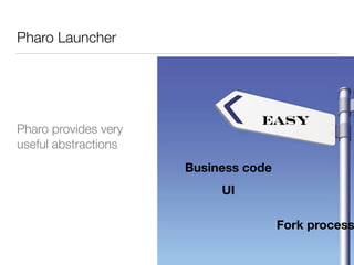 Pharo Launcher
• easy / not easy
easy
Business code
UI
Pharo provides very
useful abstractions
Fork process
 