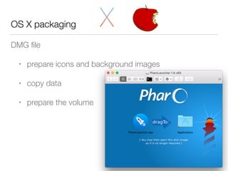 OS X packaging
DMG ﬁle
• prepare icons and background images
• copy data
• prepare the volume
 