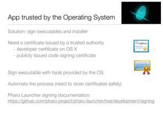 App trusted by the Operating System
Solution: sign executables and installer
Need a certiﬁcate issued by a trusted authority
- developer certiﬁcate on OS X
- publicly issued code signing certiﬁcate  
Sign executable with tools provided by the OS
Automate the process (need to store certiﬁcates safely)
Pharo Launcher signing documentation: 
https://github.com/pharo-project/pharo-launcher/tree/development/signing
 
