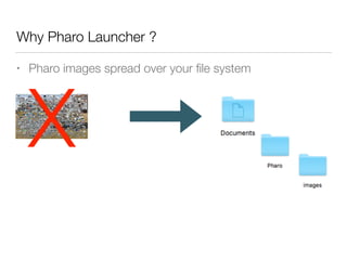 Why Pharo Launcher ?
• Pharo images spread over your ﬁle system
X
 