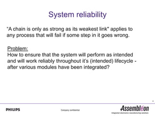 System reliability
“A chain is only as strong as its weakest link" applies to
any process that will fail if some step in it goes wrong.

Problem:
How to ensure that the system will perform as intended
and will work reliably throughout it’s (intended) lifecycle -
after various modules have been integrated?




                                                                4
 