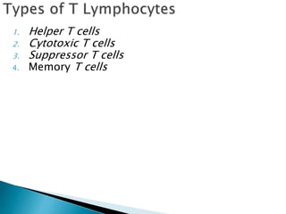 1. Helper T cells
2. Cytotoxic T cells
3. Suppressor T cells
4. Memory T cells
 