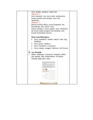 siswa diminta membaca dalam hati.
Alternatif 2:
Guru menunjuk satu siswa untuk membacakan
bacaan tersebut dan meminta siswa lain
menyimak.
Alternatif 3:
Bacaan tersebut dibaca secara bergantian dan
bersambung oleh seluruh siswa.
Selesai membaca secara mandiri siswa menuliskan
ide pokok setiap paragaraf dan membuat peta
konsep berdasarkan bacaan.
Hasil yang Diharapkan
 Siswa memahami manfaat minyak bumi bagi
kehidupan
 Siswa gemar membaca.
 Siswa memahami isi baacaan.
 Siswa mampu menggali informasi dari bacaan.
B. Ayo Berlatih
1. Dalam melakukan wawancara mengenai akibat
jika manusia tidak melaksanakan kewajiban
terhadap lingkungan alam.
 