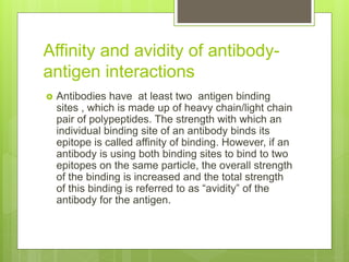 Affinity and avidity of antibody-
antigen interactions
 Antibodies have at least two antigen binding
sites , which is made up of heavy chain/light chain
pair of polypeptides. The strength with which an
individual binding site of an antibody binds its
epitope is called affinity of binding. However, if an
antibody is using both binding sites to bind to two
epitopes on the same particle, the overall strength
of the binding is increased and the total strength
of this binding is referred to as “avidity” of the
antibody for the antigen.
 
