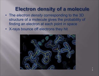 • The electron density corresponding to the 3D
structure of a molecule gives the probability of
finding an electron at each point in space
• X-rays bounce off electrons they hit
1
4
 