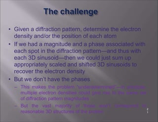 • Given a diffraction pattern, determine the electron
density and/or the position of each atom
• If we had a magnitude and a phase associated with
each spot in the diffraction pattern—and thus with
each 3D sinusoid—then we could just sum up
appropriately scaled and shifted 3D sinusoids to
recover the electron density
• But we don’t have the phases
– This makes the problem “underdetermined”—in principle,
multiple electron densities could give rise to the same set
of diffraction pattern magnitudes
– But the vast majority of those won’t correspond to
reasonable 3D structures of the protein
2
1
 