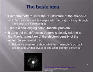 • From that pattern, infer the 3D structure of the molecule
– In fact, we use multiple images, with the x-rays shining through
the crystal at different angles
• This is a challenging computational problem!
• It turns out the diffraction pattern is closely related to
the Fourier transform of the electron density of the
molecule we crystallized
– Before we even worry about what that means, let’s go back
and discuss what a crystal is and what electron density is
6
http://lacasadeloscristales.trianatech.com/wp-‐
content/uploads/2014/09/image005--
‐300x300.jpg
 