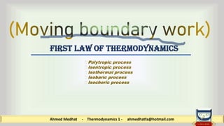 Ahmed Medhat - Thermodynamics 1 - ahmedhatfa@hotmail.com
First law of thermodynamics
Polytropic process
Isentropic process
Isothermal process
Isobaric process
Isochoric process
 