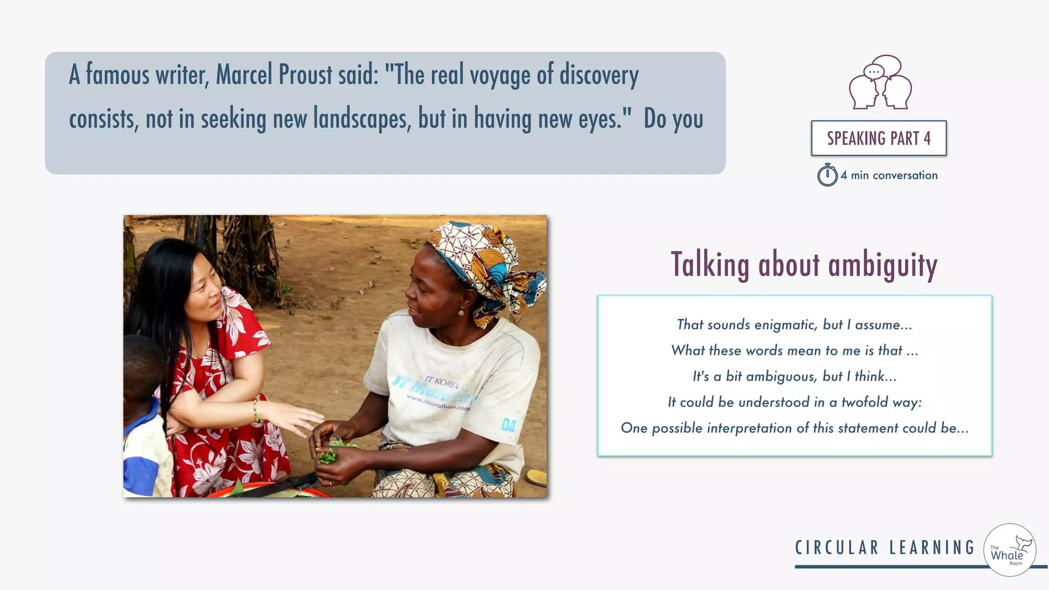 A famous writer, Marcel Proust said: "The real voyage of discovery
consists, not in seeking new landscapes, but in having new eyes." Do you
SPEAKING PART 4


4 min conversation
That sounds enigmatic, but I assume...


What these words mean to me is that ...


It's a bit ambiguous, but I think...


It could be understood in a twofold way:


One possible interpretation of this statement could be...
Talking about ambiguity
 