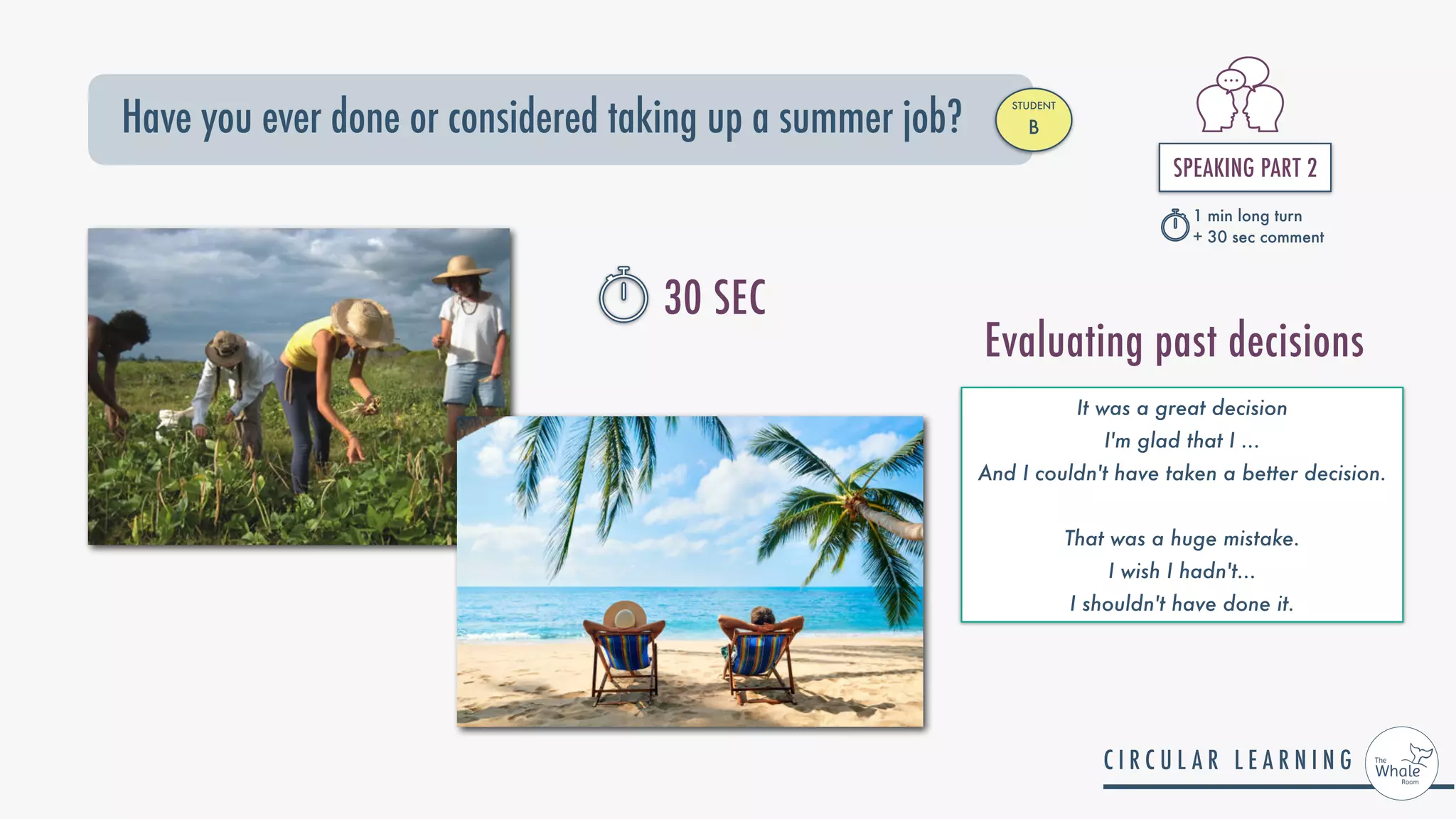 Have you ever done or considered taking up a summer job?
STUDENT


B
SPEAKING PART 2


1 min long turn


+ 30 sec comment
30 SEC
It was a great decision


I'm glad that I ...


And I couldn't have taken a better decision.


That was a huge mistake.


I wish I hadn't...


I shouldn't have done it.
Evaluating past decisions
 