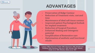 12
ADVANTAGES
• Preservation of Ridge Contour
• Reduction of Treatment visits, cost and
time
• Maintenance of ideal soft tissue contour
• Improved patient Psychological Outlook
for implant treatment
• Reduction of Surgical Procedure
• Enhanced Healing and Osteogenic
potential
• Simplification of Restorative care
• Optimization of aesthetic and functional
results
Lazzara 1989; Parel and Triplett 1990; Shanaman 1992; Werbitt and
Goldberg 1992; Denissen, Kalk et al. 1993; Schultz 1993; Watzek,
Haider et al. 1995; Missika, Abbou et al. 1997
 