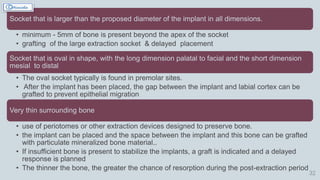 32
Socket that is larger than the proposed diameter of the implant in all dimensions.
• minimum - 5mm of bone is present beyond the apex of the socket
• grafting of the large extraction socket & delayed placement
Socket that is oval in shape, with the long dimension palatal to facial and the short dimension
mesial to distal
• The oval socket typically is found in premolar sites.
• After the implant has been placed, the gap between the implant and labial cortex can be
grafted to prevent epithelial migration
Very thin surrounding bone
• use of periotomes or other extraction devices designed to preserve bone.
• the implant can be placed and the space between the implant and this bone can be grafted
with particulate mineralized bone material..
• If insufficient bone is present to stabilize the implants, a graft is indicated and a delayed
response is planned
• The thinner the bone, the greater the chance of resorption during the post-extraction period
 
