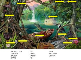 SHUTTLE COCK
OCTOPUS
BALOON
GRAPE
FACE
SNAKE
SWORD
FISH
SKULL
BUTTERFLY
MONKEY
 