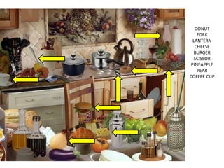 DONUT
FORK
LANTERN
CHEESE
BURGER
SCISSOR
PINEAPPLE
PEAR
COFFEE CUP
 