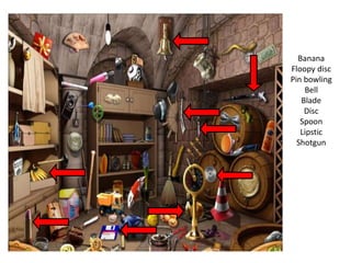 Banana
Floopy disc
Pin bowling
Bell
Blade
Disc
Spoon
Lipstic
Shotgun
 
