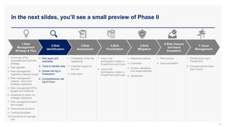 In the next slides, you’ll see a small preview of Phase II
18
3.Risk
Assessment
4.Risk
Prioritization
5.Risk
Mitigation
2.Risk
Identification
6.Risk Closure
and Issue
Escalation
7. Issue
Management
1.Risk
Management
Strategy & Plan
1. Summary of the
corporate and business
strategy
2. Risk appetite
3. Risk management
capability maturity model
4. Risk management
mission, vision and
strategic objectives
5. Risk management KPIs,
targets and initiatives
6. Roadmap to reach our
strategic objectives
7. Risk management team
and budget
8. Governance structure
9. Guiding principles
10.Framework to manage
risk
1. Risk types and
examples
2. Tools to identify risks
3. Simple risk log in
Powerpoint
4. Comprehensive risk
log in Excel
1. Probability of the risk
happening
2. Potential impact of
the risk
3. Risk value
1. 3-by-3 risk
prioritization matrix in
PowerPoint and Excel
2. 5-by-5 risk
prioritization matrix in
PowerPoint and Excel
1. Response options
2. Examples
3. Actions, deadlines,
and responsibilities
4. Dashboard
1. Risk closure
2. Issue escalation
1. Simple issue log in
PowerPoint
2. Comprehensive issue
log in Excel
 