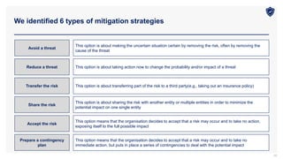 We identified 6 types of mitigation strategies
28
Avoid a threat
Reduce a threat
Transfer the risk
Share the risk
Accept the risk
Prepare a contingency
plan
This option is about making the uncertain situation certain by removing the risk, often by removing the
cause of the threat
This option is about taking action now to change the probability and/or impact of a threat
This option is about transferring part of the risk to a third party(e.g., taking out an insurance policy)
This option is about sharing the risk with another entity or multiple entities in order to minimize the
potential impact on one single entity
This option means that the organisation decides to accept that a risk may occur and to take no action,
exposing itself to the full possible impact
This option means that the organisation decides to accept that a risk may occur and to take no
immediate action, but puts in place a series of contingencies to deal with the potential impact
 