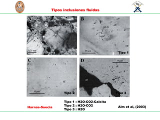 S
C
I
E
N
T
I
A
E
T
L
A
B
O
R
U
N
I
V
E
R
S
I
D
A
D
NACIONAL
D
E
I
N
G
E
N
I
E
RI
A
L
I
M
A
P
E
R
U
1876
Tipos inclusiones fluidas
Alm et al, (2003)
Harnas-Suecia
Tipo 1
Tipo 2 Tipo 3
Tipo 1 : H2O-CO2-Calcita
Tipo 2 : H2O-CO2
Tipo 3 : H2O
 