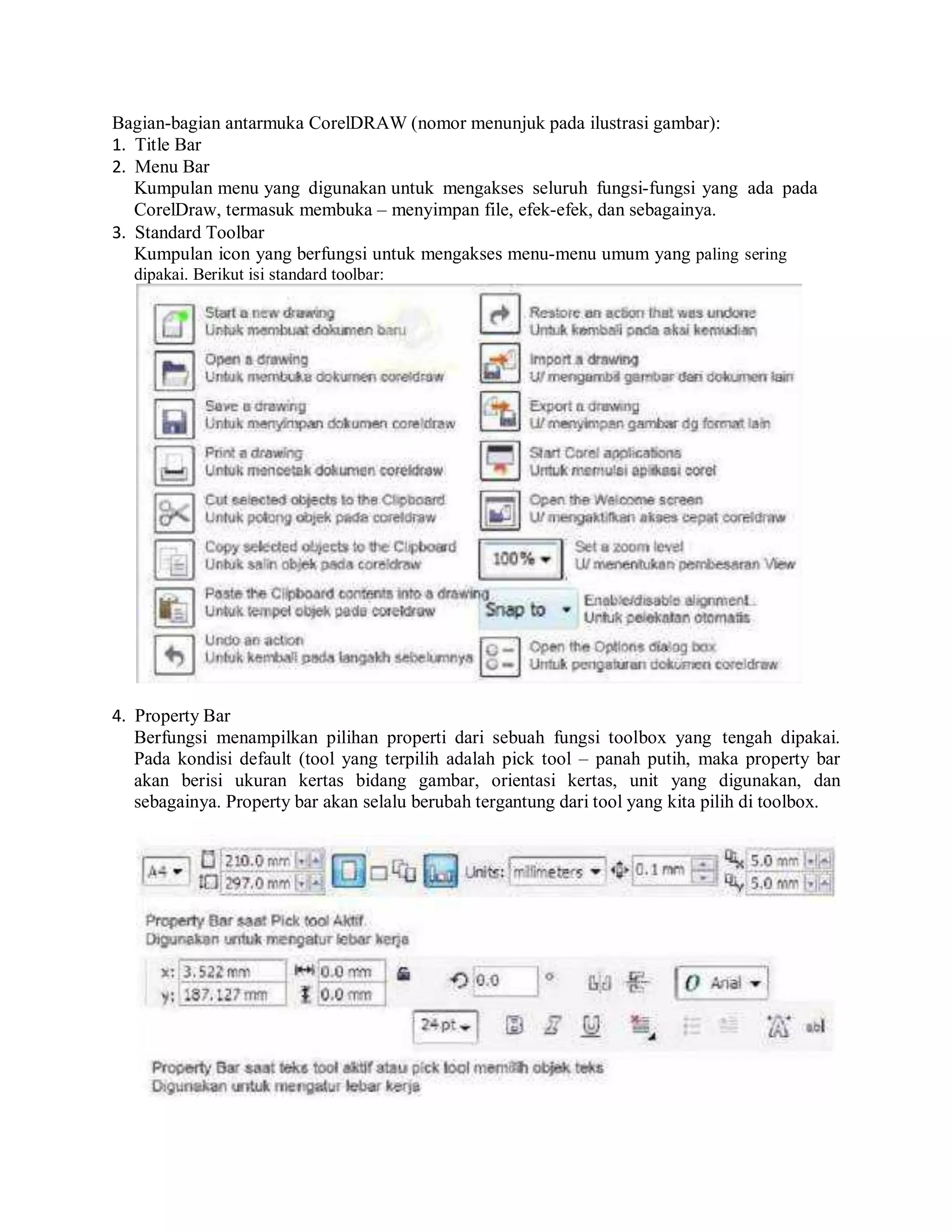 Bagian-bagian antarmuka CorelDRAW (nomor menunjuk pada ilustrasi gambar):
1. Title Bar
2. Menu Bar
Kumpulan menu yang digunakan untuk mengakses seluruh fungsi-fungsi yang ada pada
CorelDraw, termasuk membuka – menyimpan file, efek-efek, dan sebagainya.
3. Standard Toolbar
Kumpulan icon yang berfungsi untuk mengakses menu-menu umum yang paling sering
dipakai. Berikut isi standard toolbar:
4. Property Bar
Berfungsi menampilkan pilihan properti dari sebuah fungsi toolbox yang tengah dipakai.
Pada kondisi default (tool yang terpilih adalah pick tool – panah putih, maka property bar
akan berisi ukuran kertas bidang gambar, orientasi kertas, unit yang digunakan, dan
sebagainya. Property bar akan selalu berubah tergantung dari tool yang kita pilih di toolbox.
 