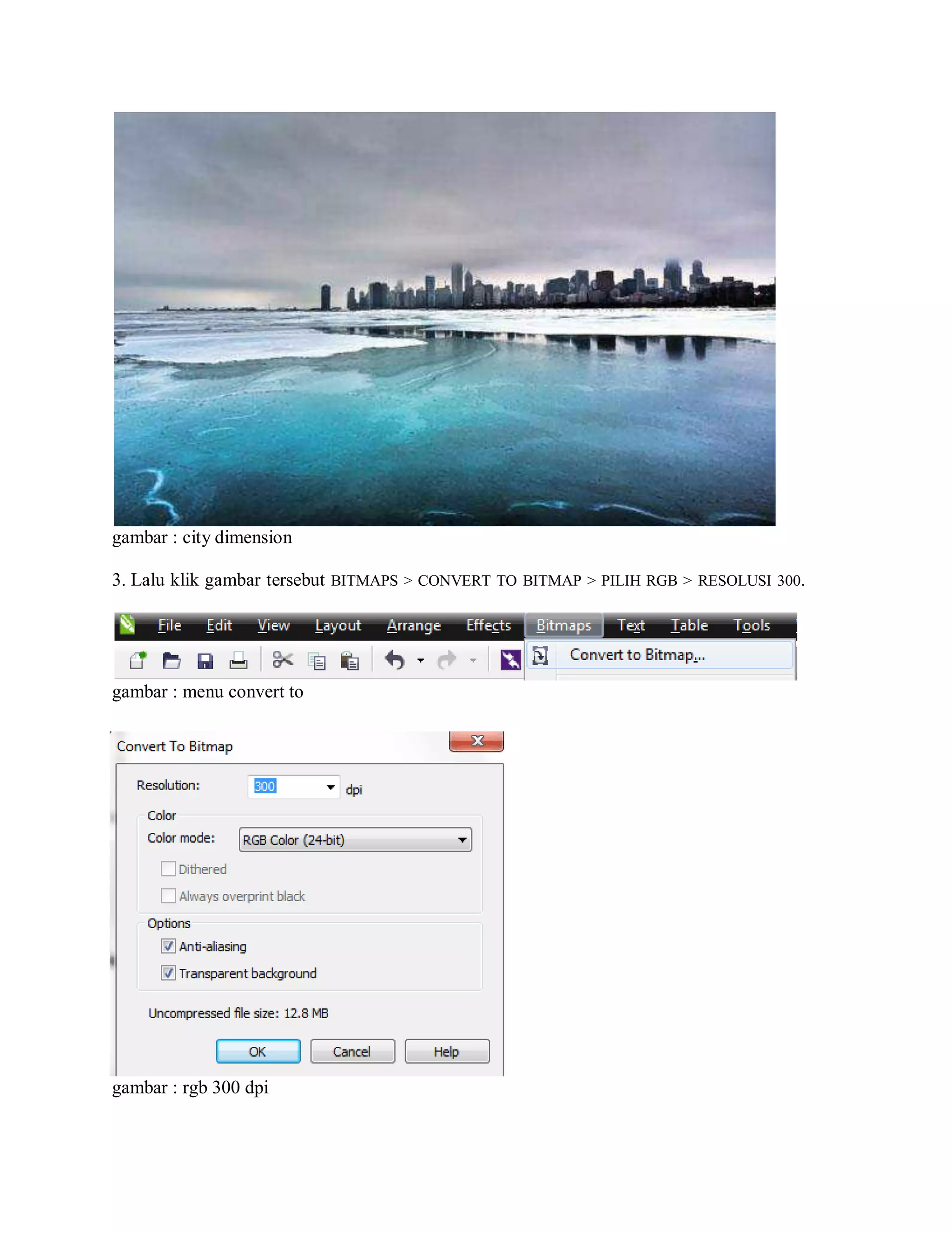 gambar : city dimension
3. Lalu klik gambar tersebut BITMAPS > CONVERT TO BITMAP > PILIH RGB > RESOLUSI 300.
gambar : menu convert to
gambar : rgb 300 dpi
 