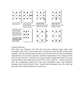 4. Rotate (Memutar)
Pilih objek yang diinginkan, lalu klik sekali lagi pada sembarang bagian objek untuk
menjadikan mode rotate, di mana tanda hitam di pojok-pojok akan berubah menjadi panah
melingkar. Klik dan tarik pada panah tersebut untuk memutar objek. Jika anda menginginkan
objek berputar sesuai porosnya yang baru, Anda harus memindah poros-nya dengan cara klik
dan tarik pada ikon poros. Alternatif rotasi yang lain adalah menggunakan fungsi rotasi yang
ada pada Property Bar, dengan fungsi rotasi CCW (counter clockwise – melawan arah jarum
jam). Jika menggunakan property bar, anda harus mengetikkan angka yang diinginkan,
kemudian tekan tombol keyboard ‘Enter’. Setelah selesai melakukan rotasi, klik sekali lagi
pada objek untuk mengembalikannya ke mode resize.
 